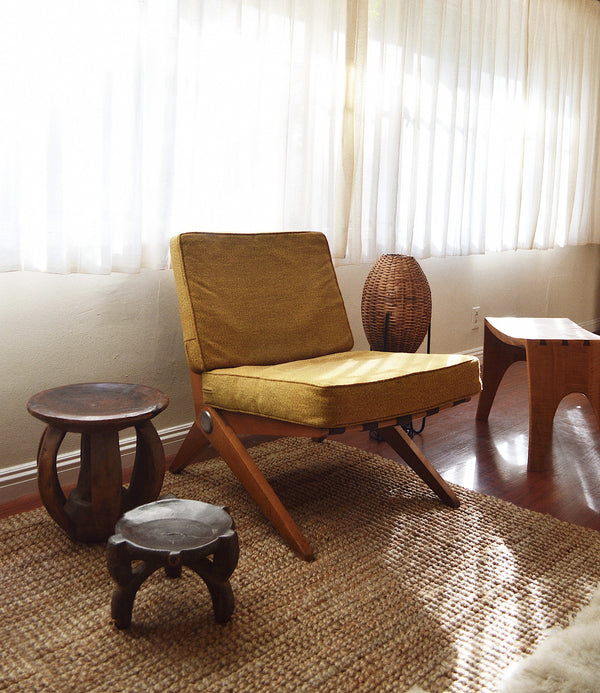 vintage wood African Baga Chief stool with other Mid Century Modern stools