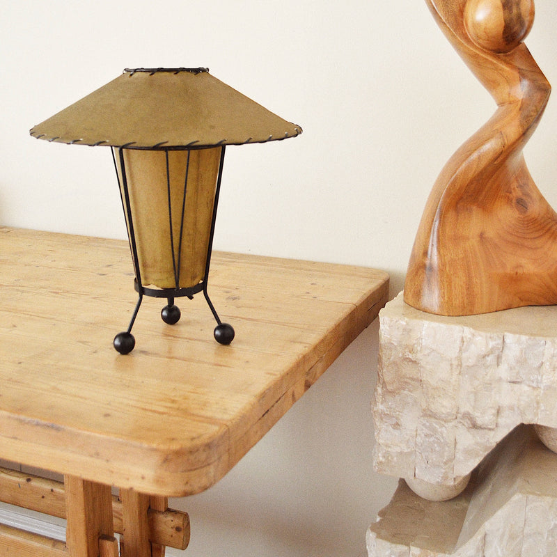 vintage parchment shade tripod desk lamp after Tony Paul on wood trestle table
