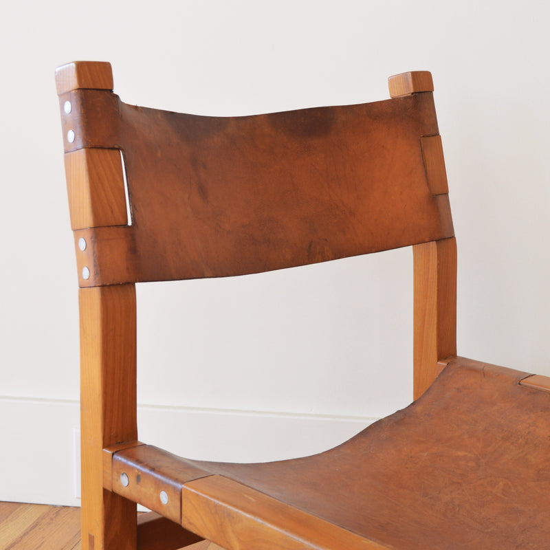 Elm Wood and Cognac Leather Lounge Chair from France