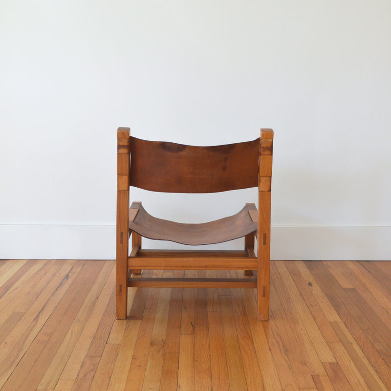 Elm Wood and Cognac Leather Lounge Chair from France
