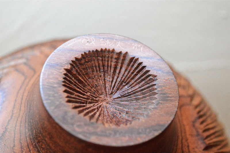 Close of base carving of textured hand carved cocobolo wood bowl by Al Stirt