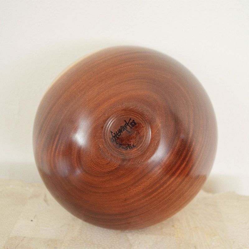 Hand turned fustic wood vessel by Dennis Stewart bottom view of signature