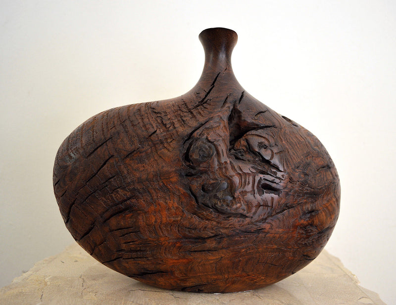 Black walnut burl wood bud vase by Bob Womack close up of back view