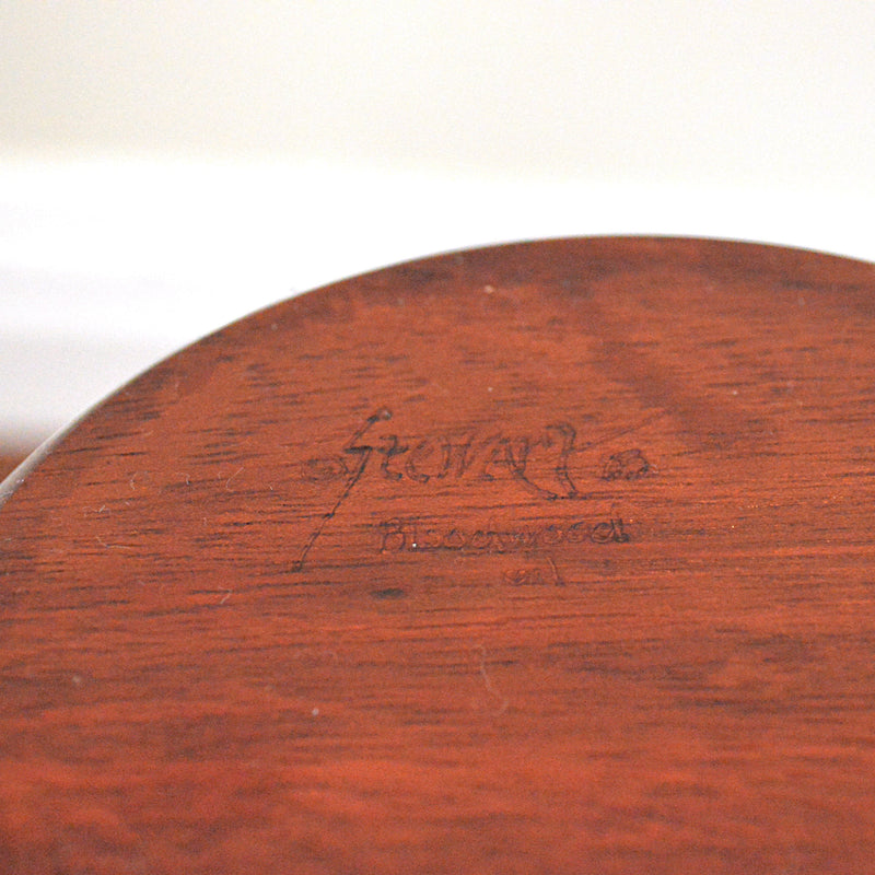 Hand turned rosewood waste basket by Dennis Stewart close up of signature