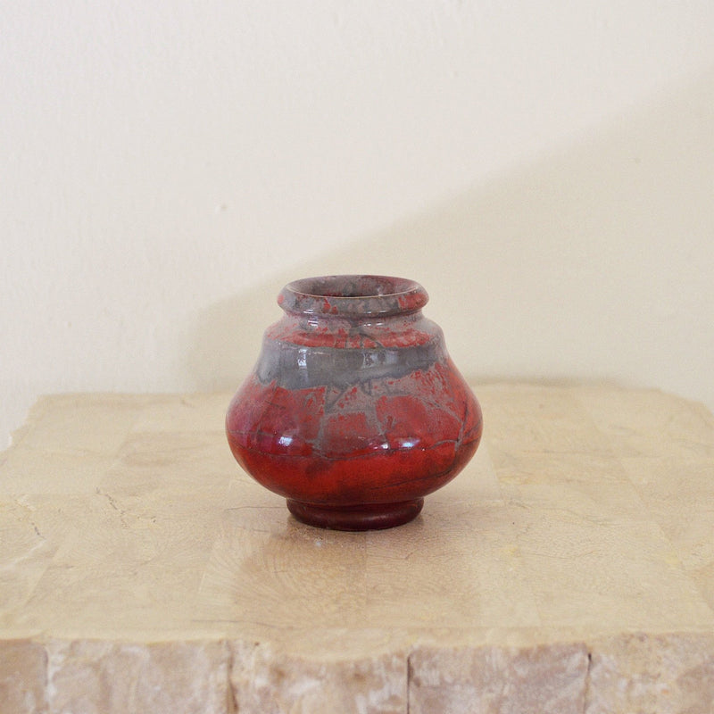 Handmade small red and grey Scandinavian pottery vase