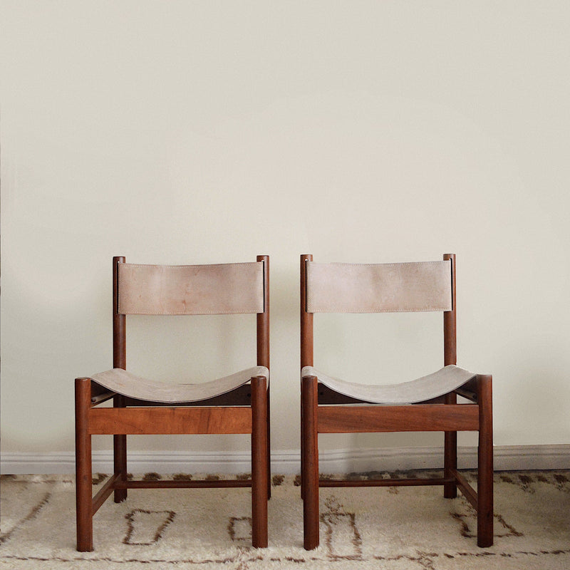 Pair of Michel Arnoult Imbuia Wood and Leather Sling Chairs