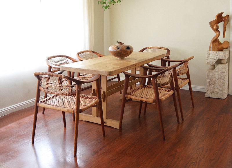 Bambi chairs by Rastad and Relling for Gustav Bahus set of six around wood trestle dining table