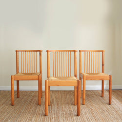 Solid Pine & Woven Rush Spindle Back Dining Chairs in the Style of Charlotte Perriand