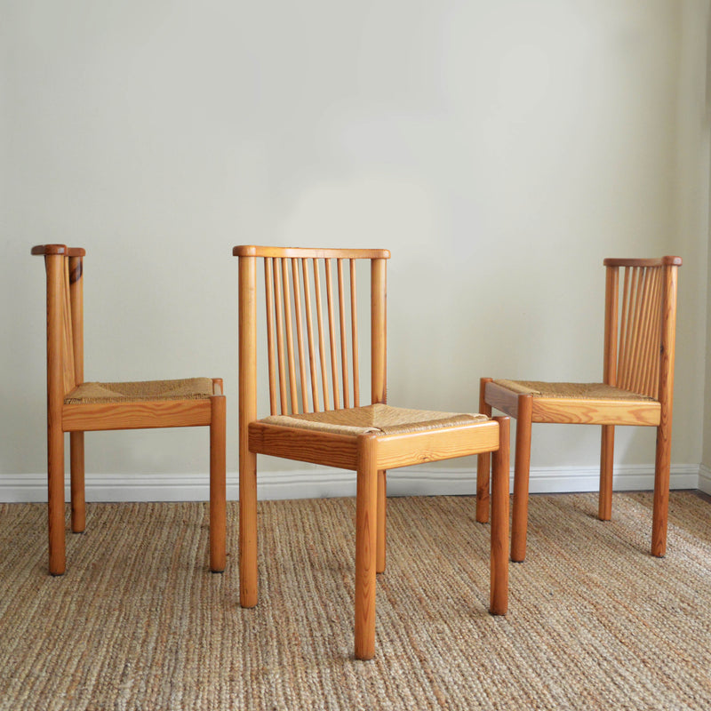 Solid Pine & Woven Rush Spindle Back Dining Chairs in the Style of Charlotte Perriand